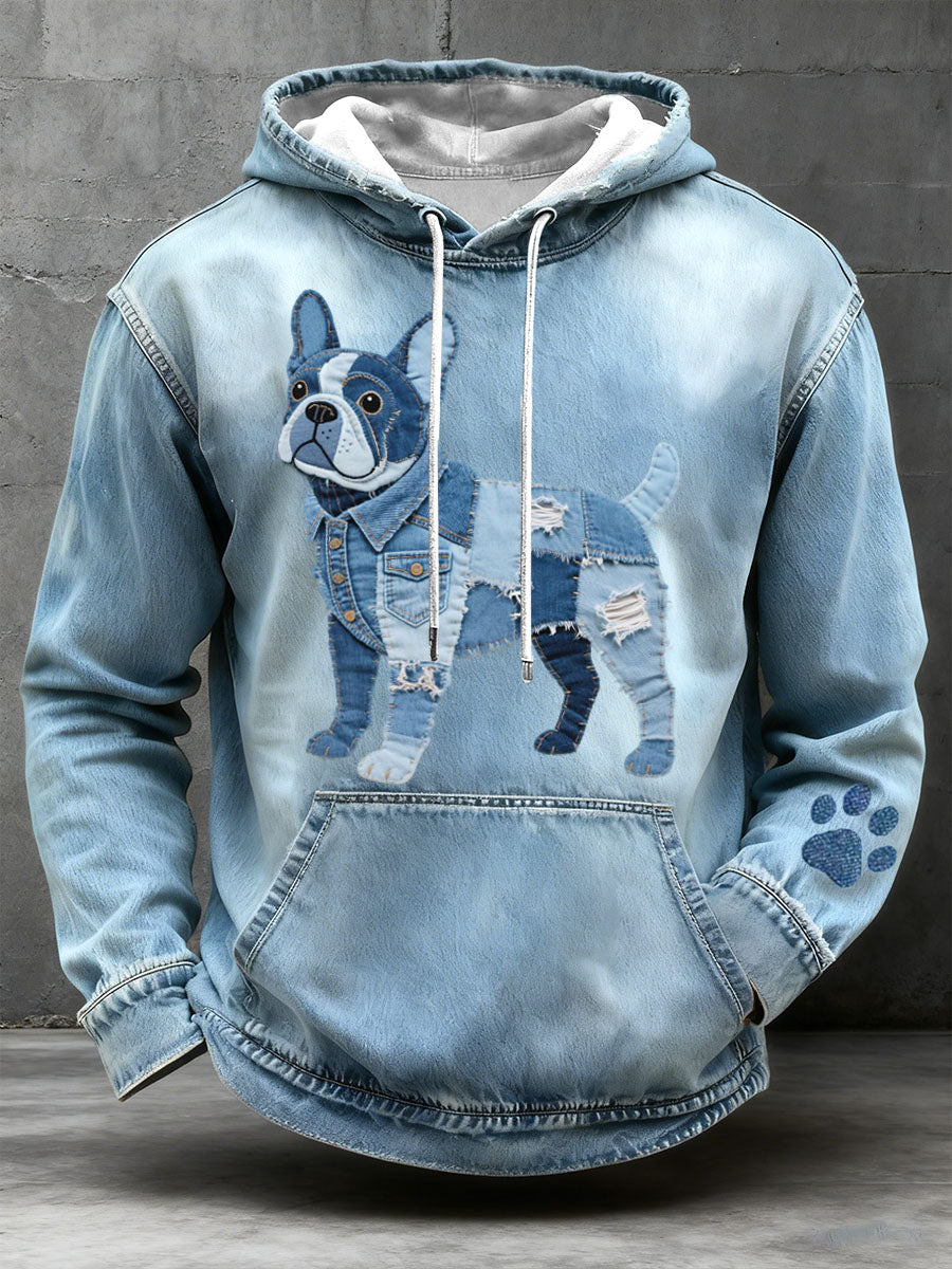 Denim Patchwork arte buldogue francês Hoodie padrão do homens