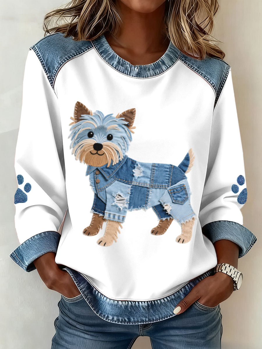 Adorável Yorkshire Terrier cão padrão Denim Patchwork moletom do mulheres