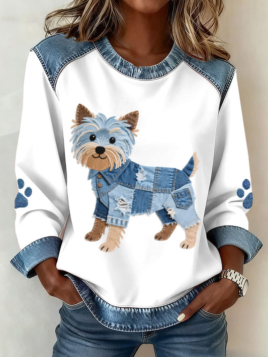 Adorável Yorkshire Terrier cão padrão Denim Patchwork moletom do mulheres