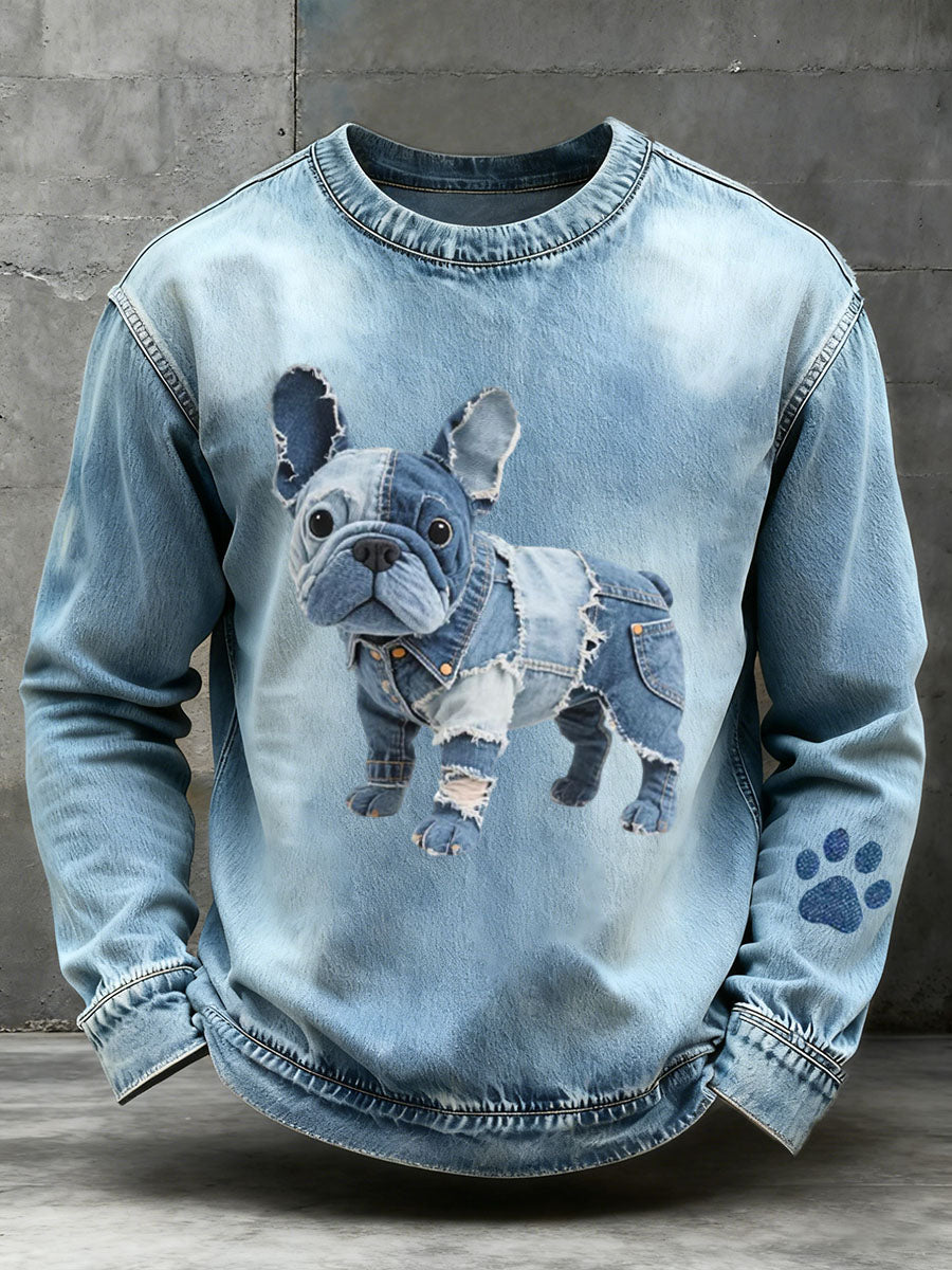 Denim Patchwork arte francês buldogue padrão moletom do homens