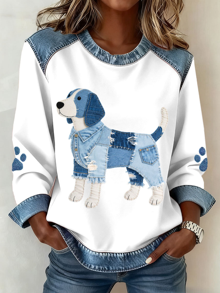 Adorável cão Beagle padrão Denim Patchwork moletom das mulheres