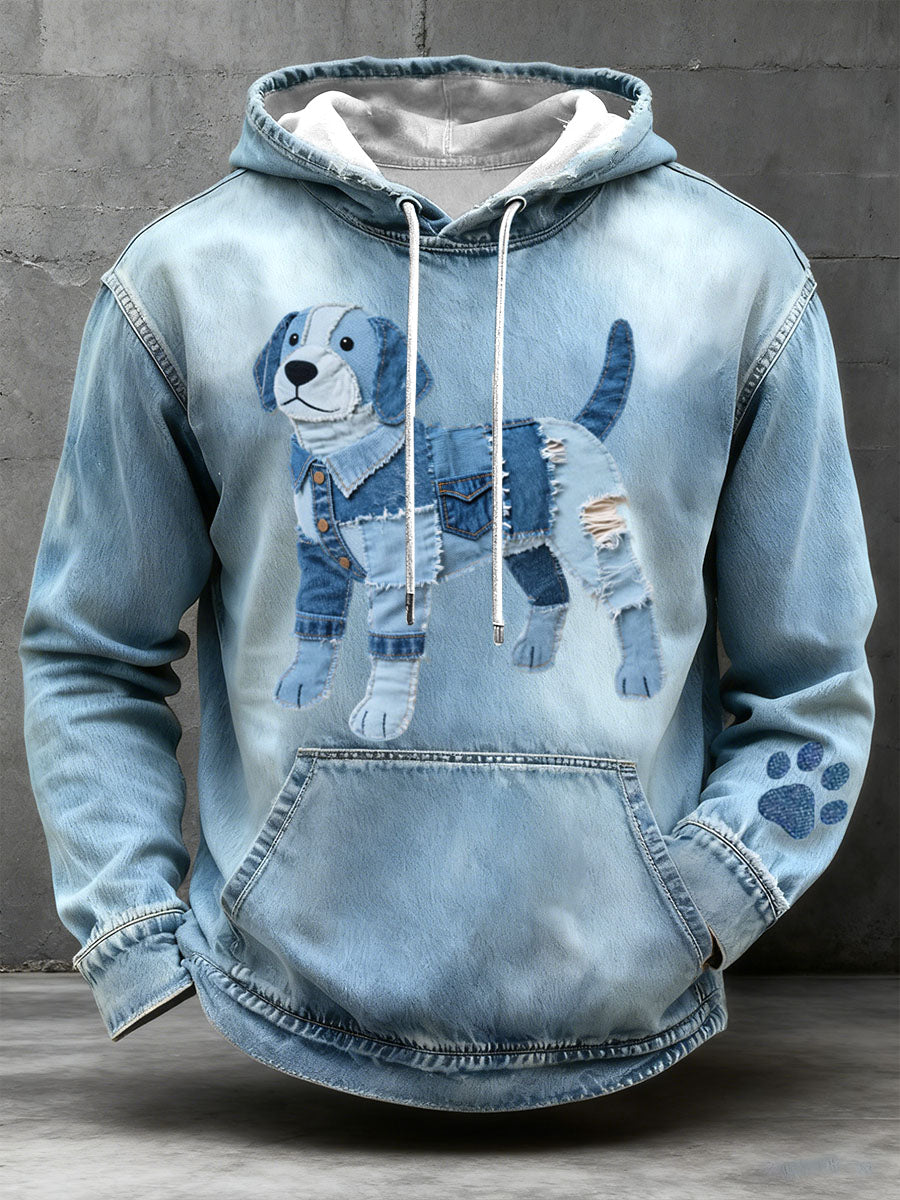 Denim Patchwork arte Beagle padrão Hoodie do cão dos homens