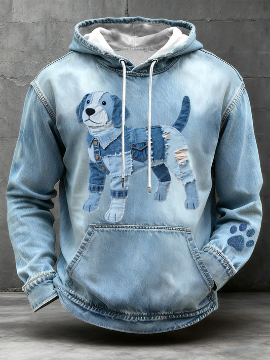 Denim Patchwork arte Beagle padrão Hoodie do cão dos homens