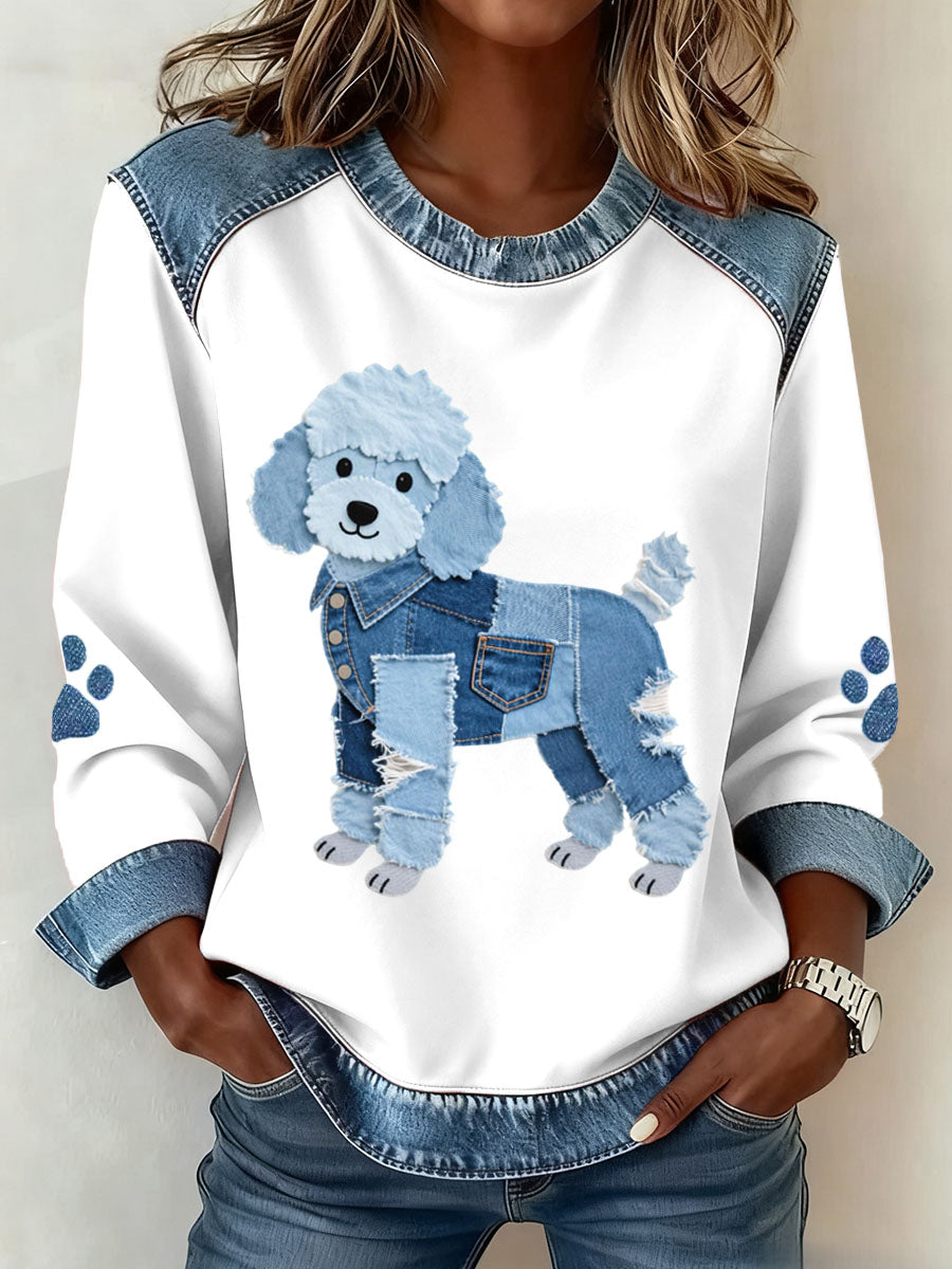 Adorável Poodle cão padrão Denim Patchwork moletom das mulheres
