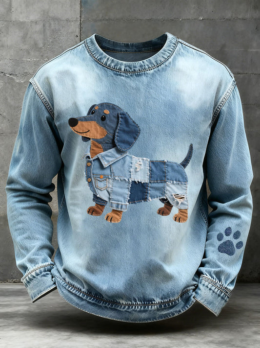 Denim Patchwork Art Dachshund Pattern moletom dos homens