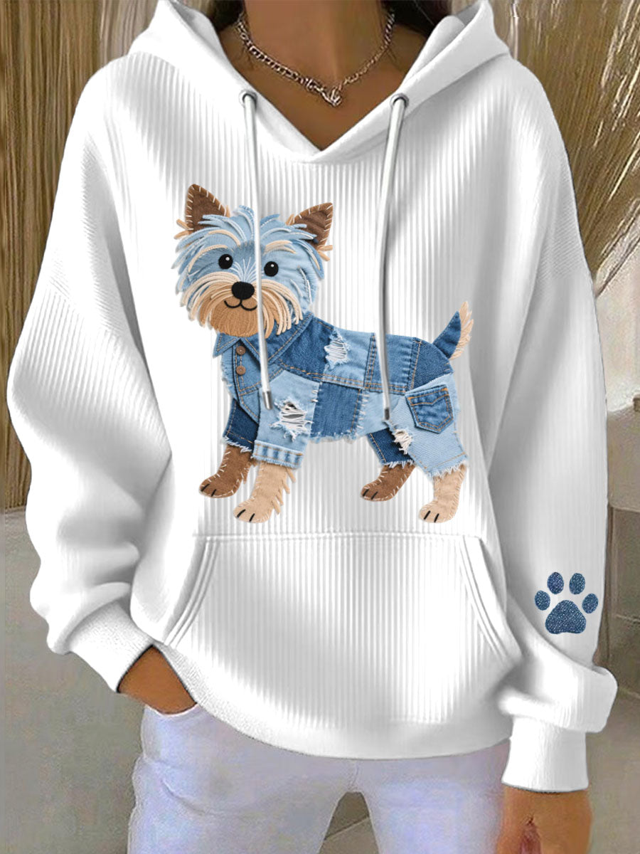 Adorável Yorkshire Terrier cão Denim Patchwork padrão Hoodie das mulheres