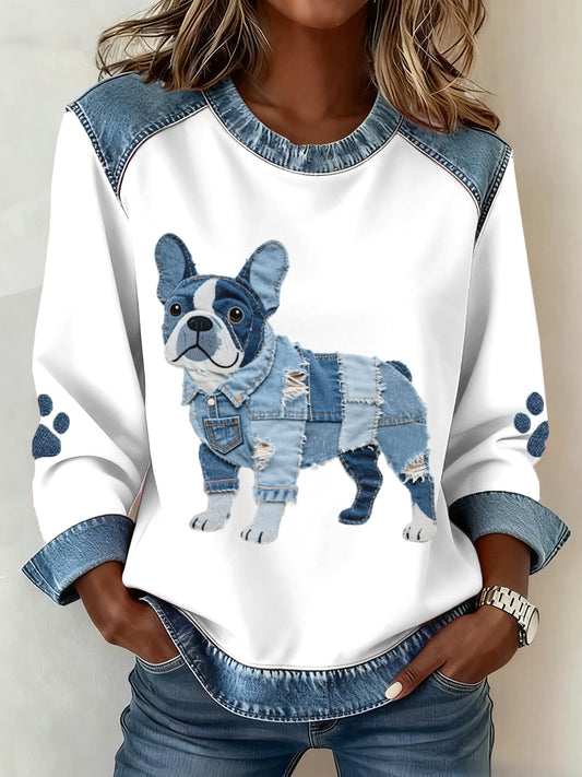 Bulldog francês padrão Denim Patchwork Art moletom do mulheres
