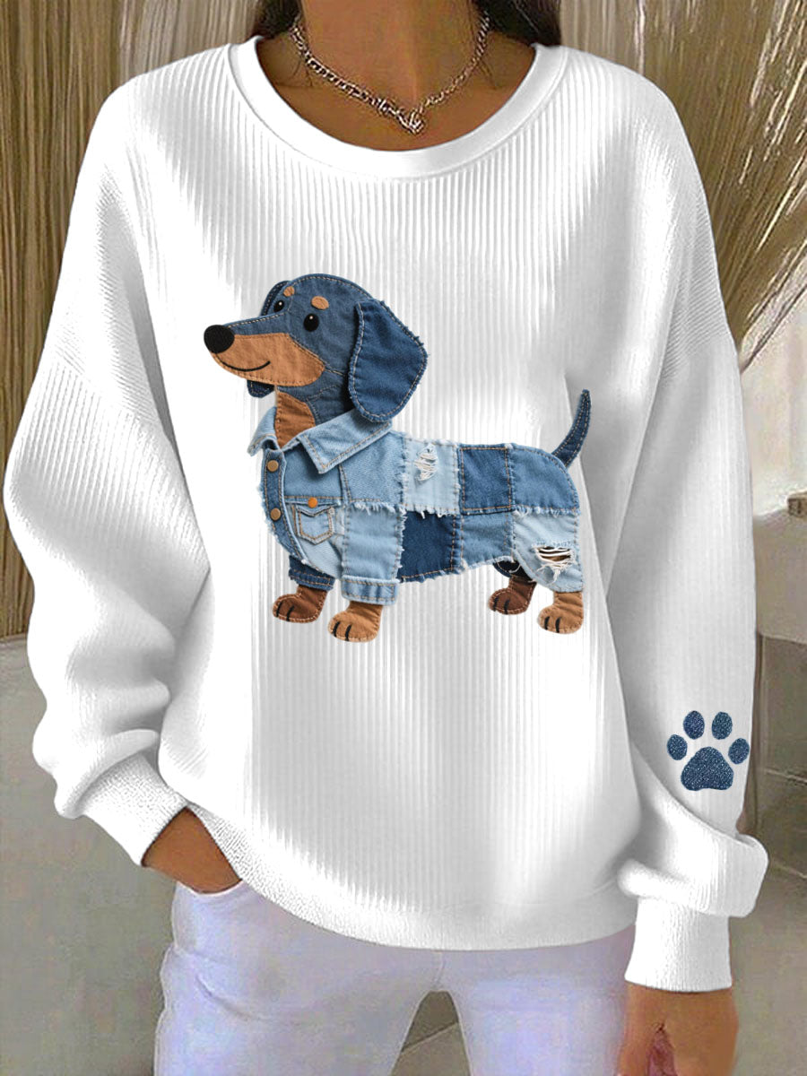 Denim Patchwork arte Dachshund padrão moletom do mulheres