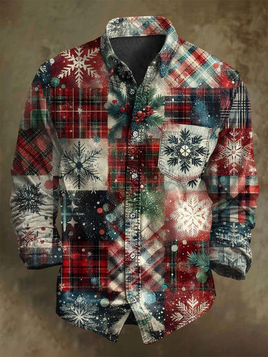 Árvore de Natal Snowflake Plaid Imprimir Casual Manga Longa Camisa