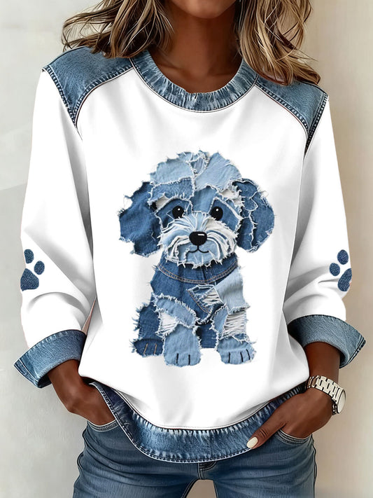 Adorável cão peludo padrão Denim Patchwork arte moletom do mulheres