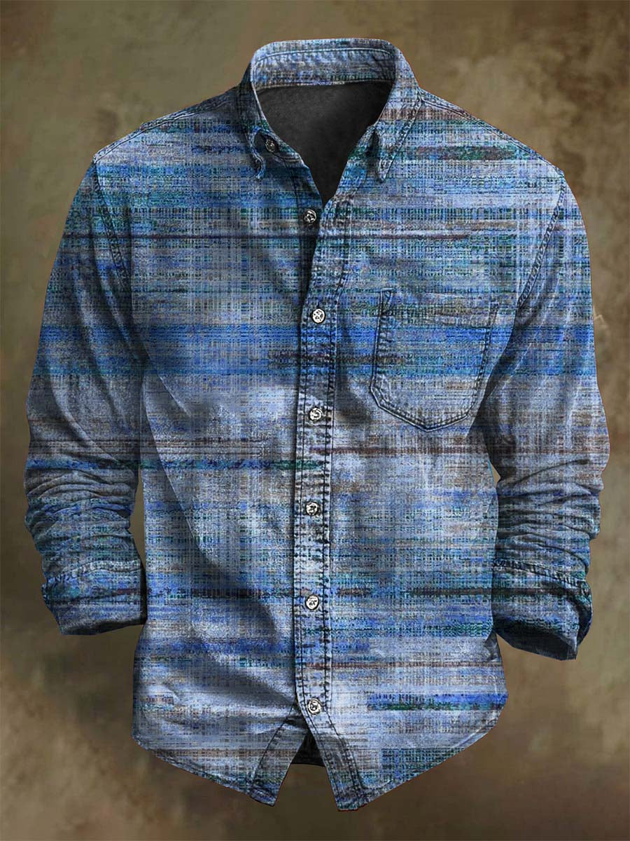 Vintage envelhecido listra impressão Casual manga longa camisa