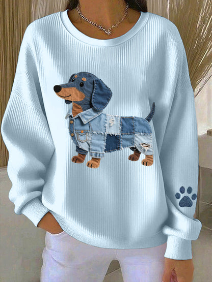 Denim Patchwork arte Dachshund padrão moletom do mulheres