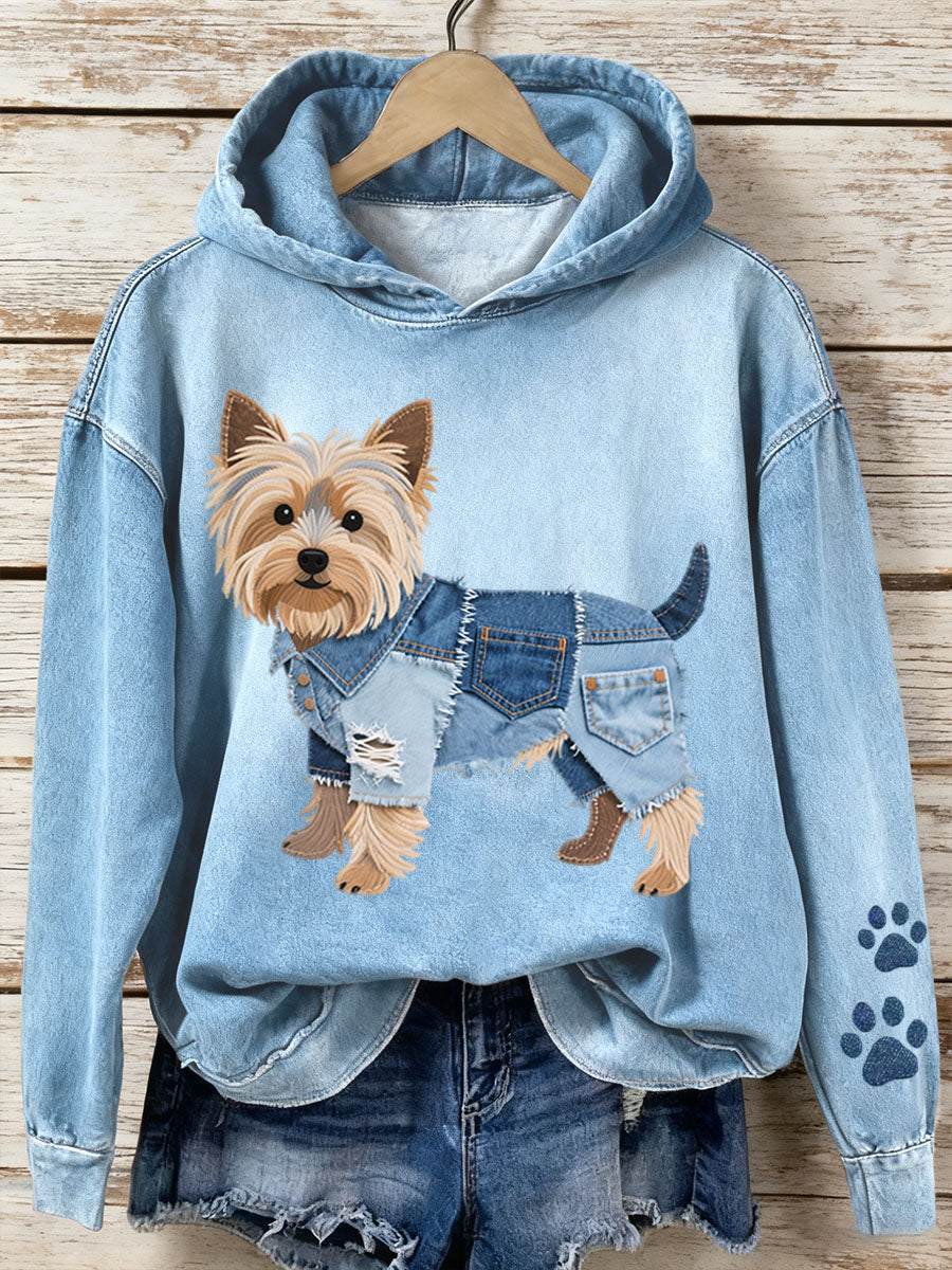 Denim Patchwork arte Yorkshire Terrier cão padrão Hoodie do mulheres