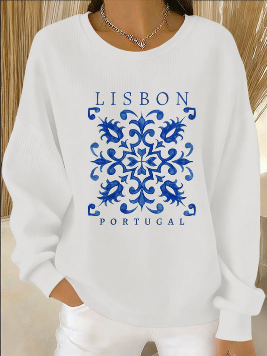Arte Portuguesa Print Casual de manga comprida feminino moletom