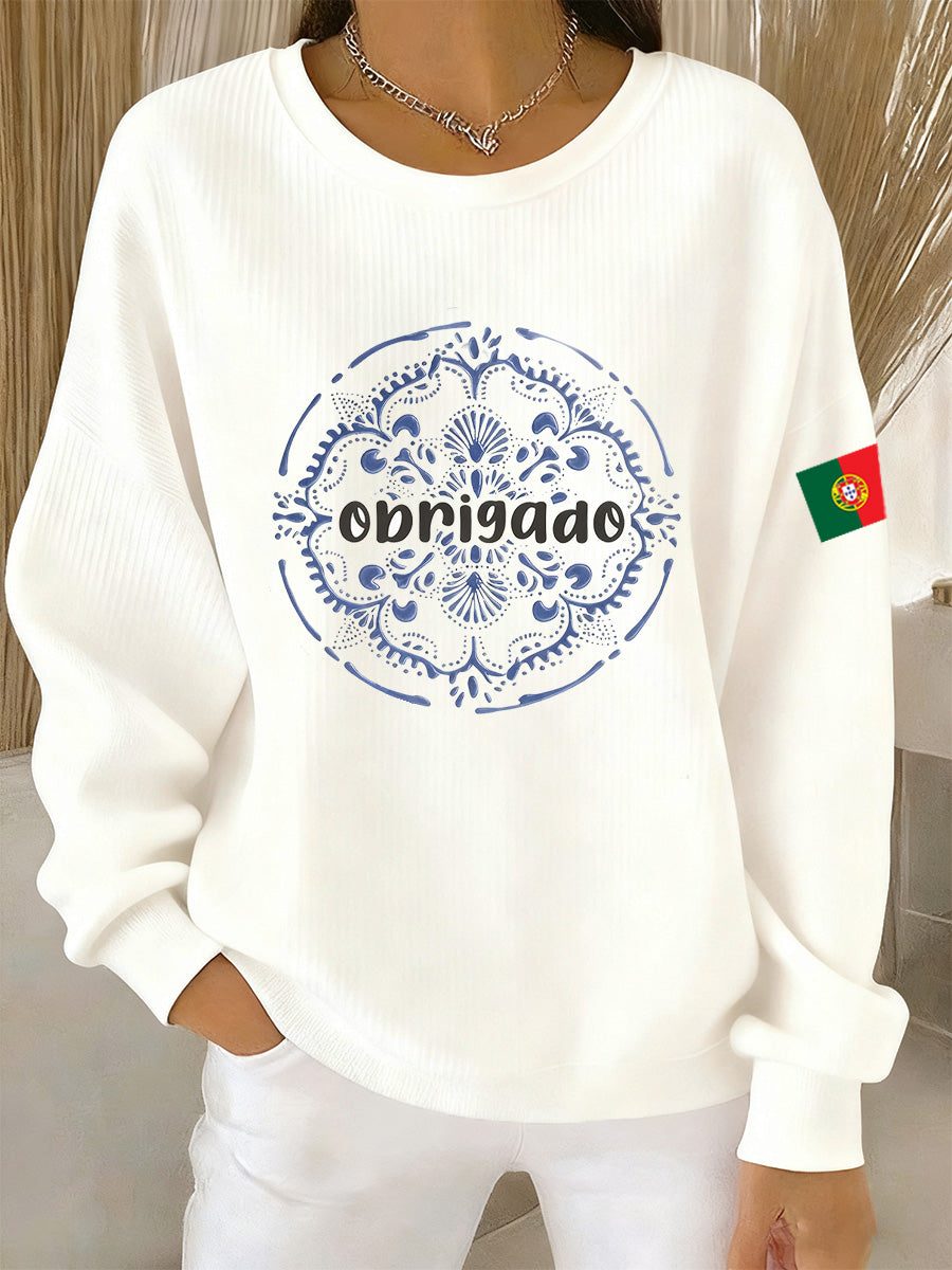 Arte Portuguesa Print Casual de manga comprida feminino moletom