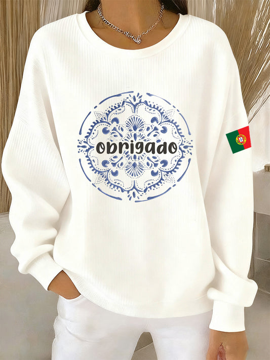 Arte Portuguesa Print Casual de manga comprida feminino moletom