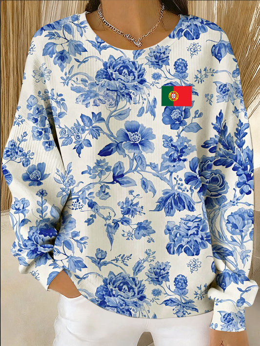 Arte Portuguesa Print Casual de manga comprida feminino moletom