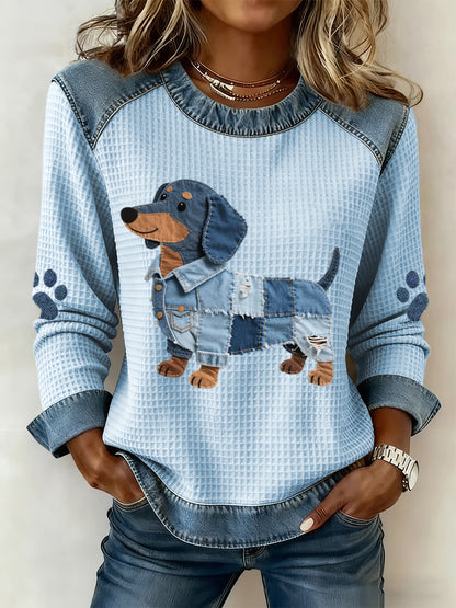 Adorável Dachshund padrão Denim Patchwork arte moletom das mulheres