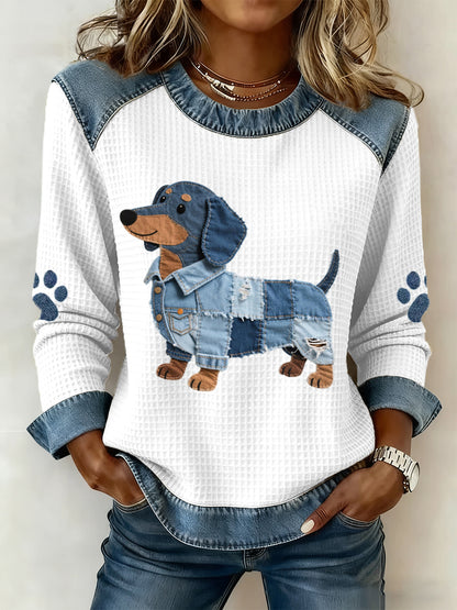 Adorável Dachshund padrão Denim Patchwork arte moletom das mulheres