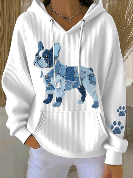 Denim Patchwork arte buldogue francês Hoodie padrão do mulheres
