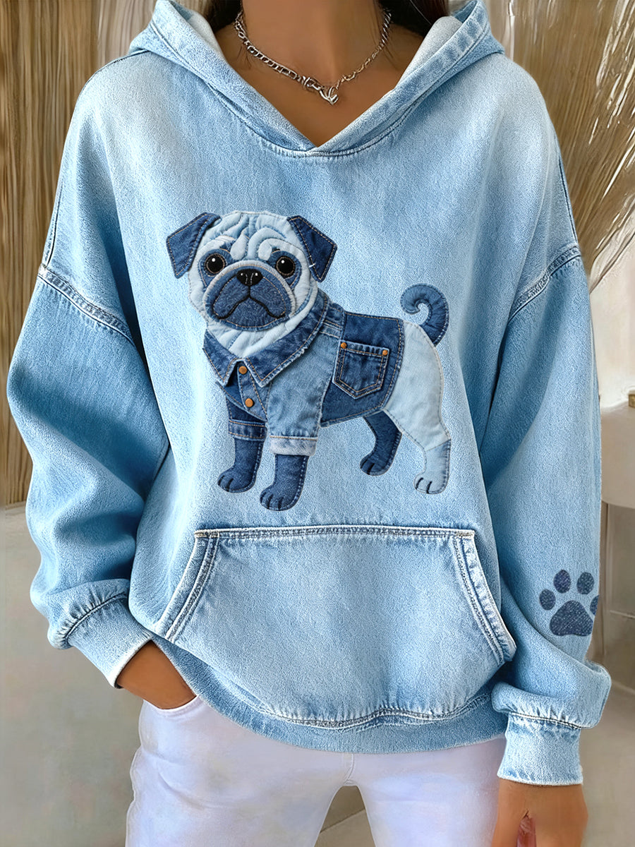 Adorável Pug Dog Denim Patchwork padrão Hoodie das mulheres