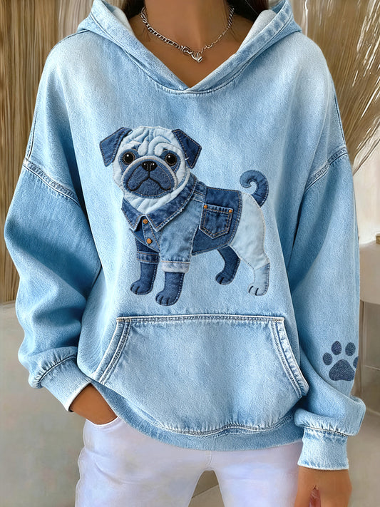 Adorável Pug Dog Denim Patchwork padrão Hoodie das mulheres