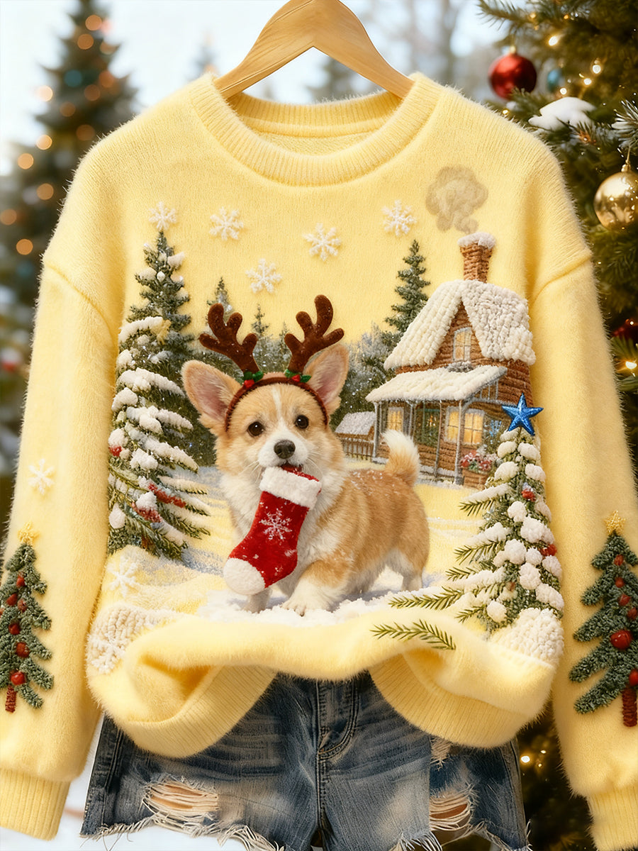 Arte de Natal retro animal feminino impressão Casual flanela Top