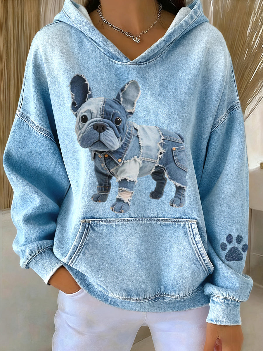 Bulldog francês lindo Denim Patchwork padrão Hoodie das mulheres