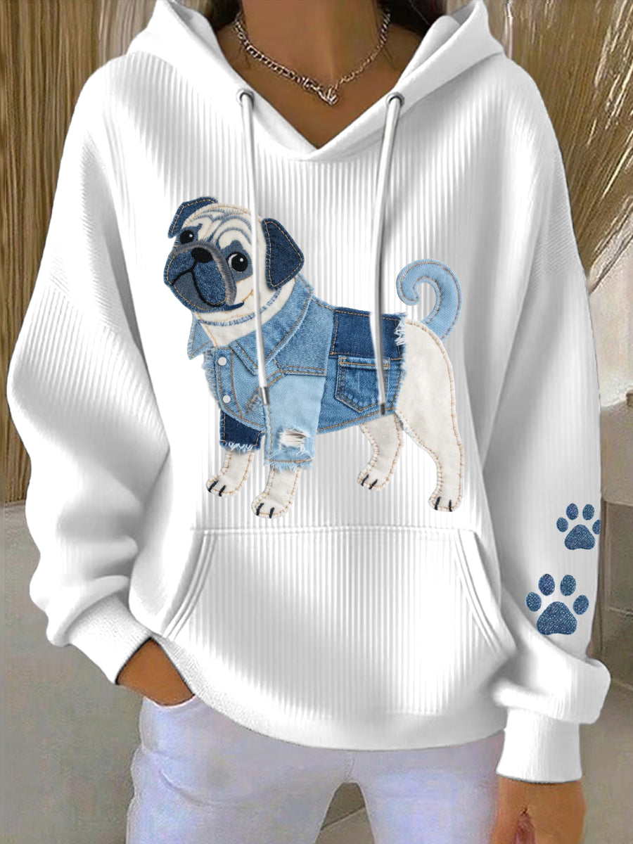 Denim Patchwork arte Pug Dog padrão Hoodie das mulheres