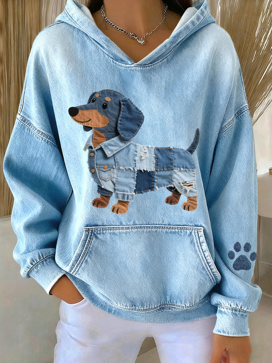 Adorável Dachshund cão Denim Patchwork padrão Hoodie das mulheres