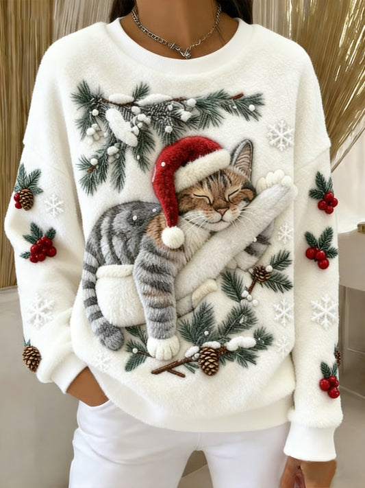 Gato bonito do Natal do mulheres arte impressão Casual flanela Hoodie