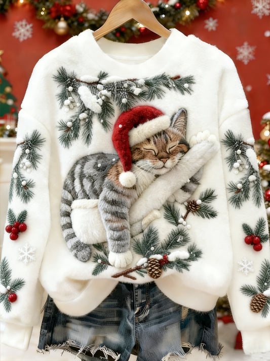 Gato bonito do Natal do mulheres arte impressão Casual flanela Hoodie