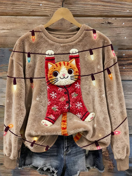 Arte de Natal retro animal feminino impressão Casual flanela Top