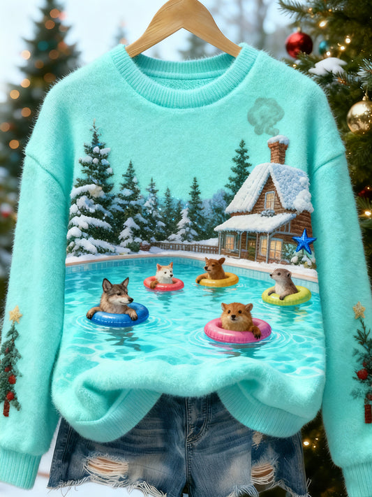 Arte de Natal retro animal feminino impressão Casual flanela Top