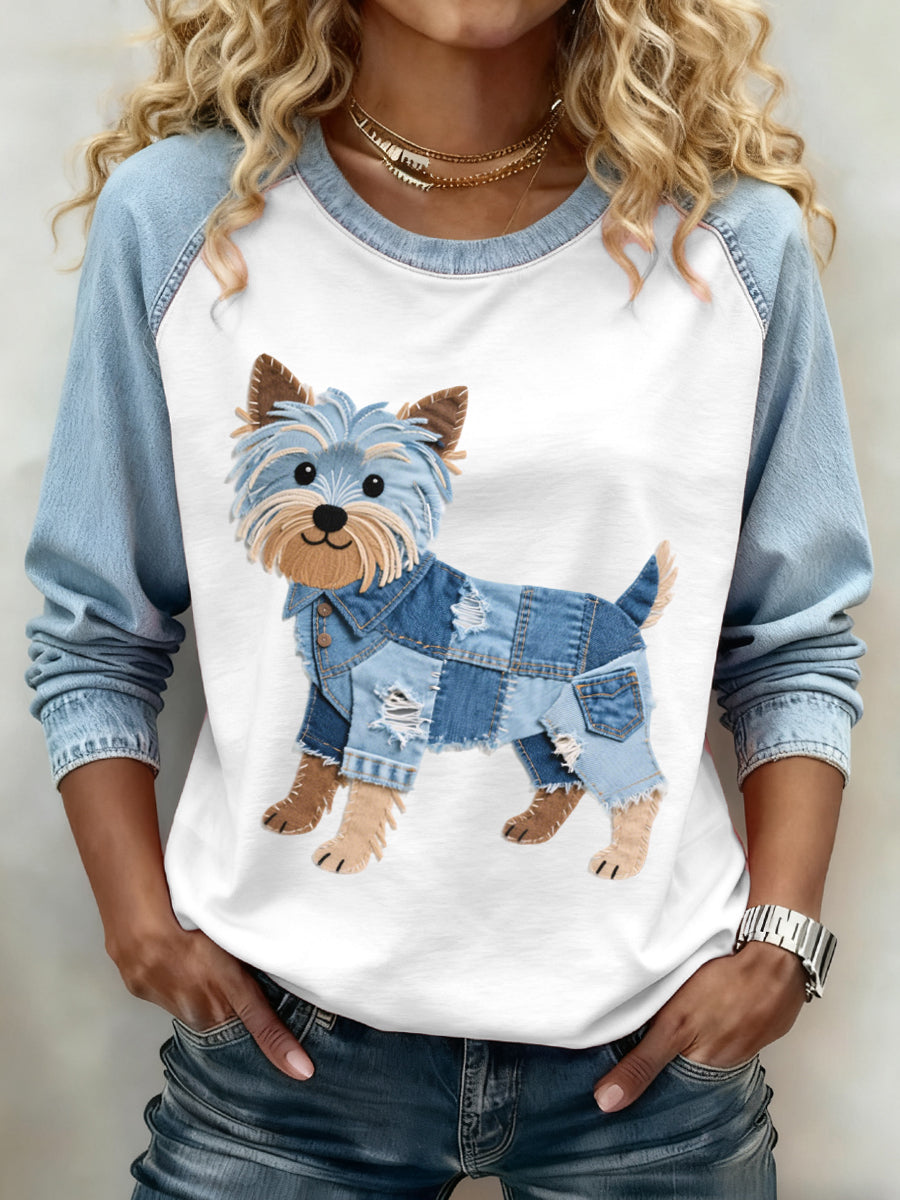 Denim Patchwork arte Yorkshire Terrier cão padrão moletom do mulheres