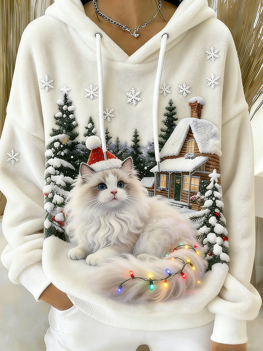 Arte Animal retro feminino imprime moletom com capuz de flanela confortável