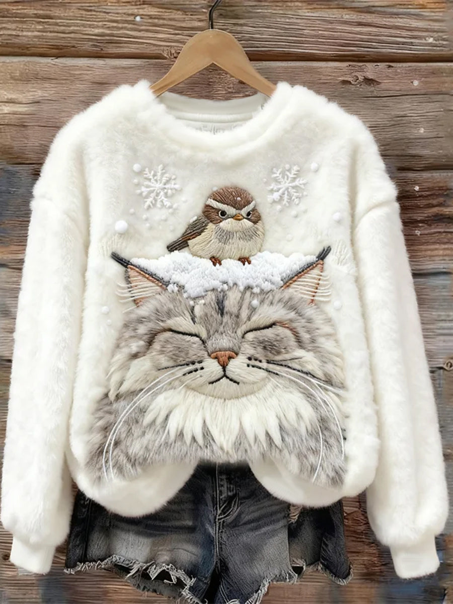 Pássaro e gato das mulheres na neve Hoodie de flanela acolhedor