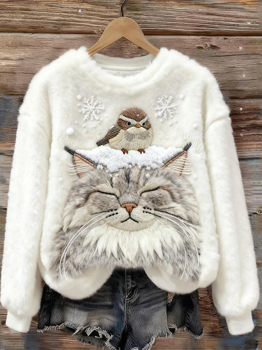 Pássaro e gato das mulheres na neve Hoodie de flanela acolhedor