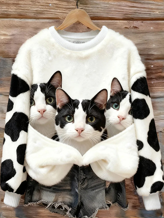 Arte animal retro impressão confortável top de flanela feminino