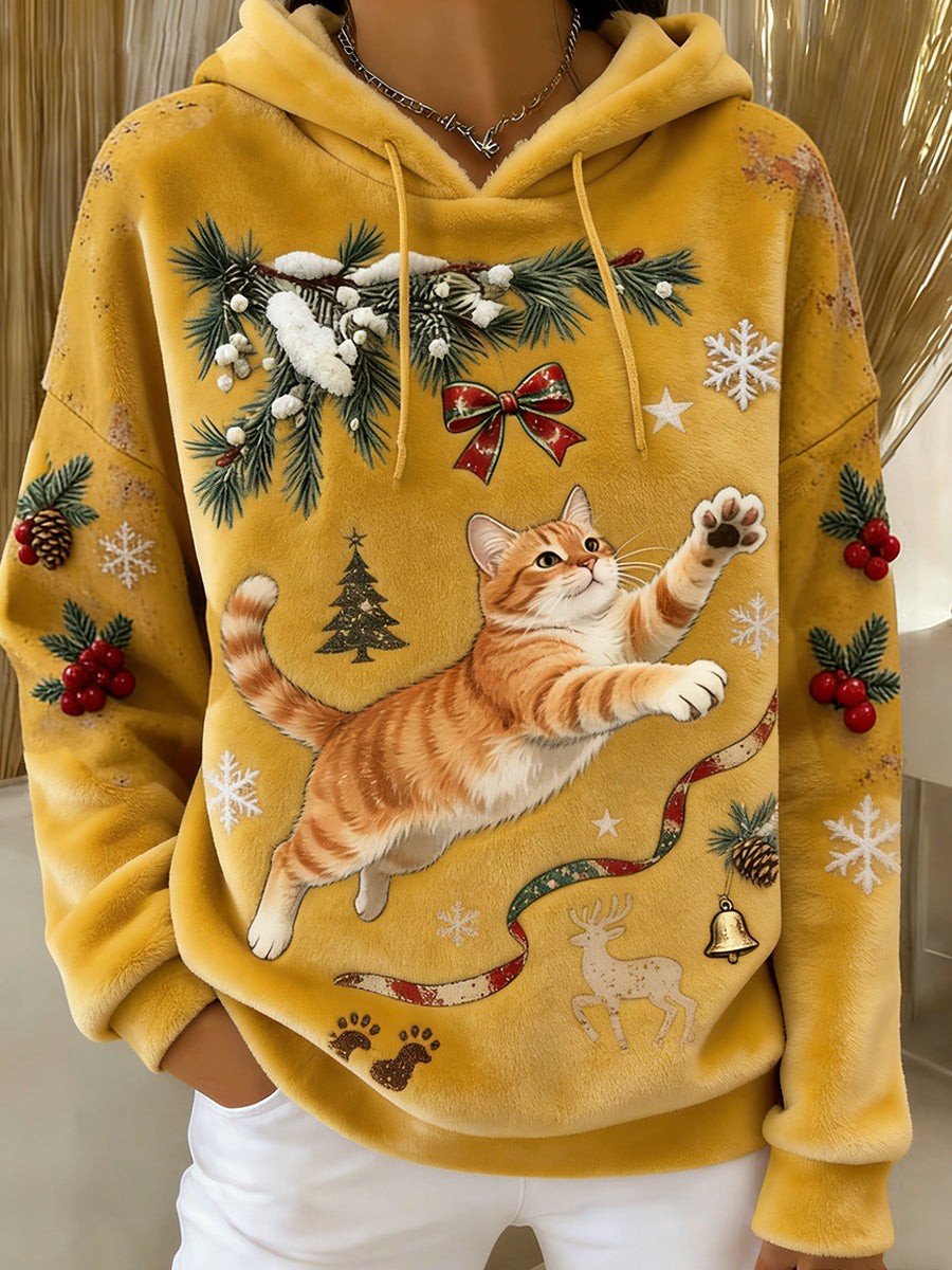 Arte Animal retro feminino imprime moletom com capuz de flanela confortável