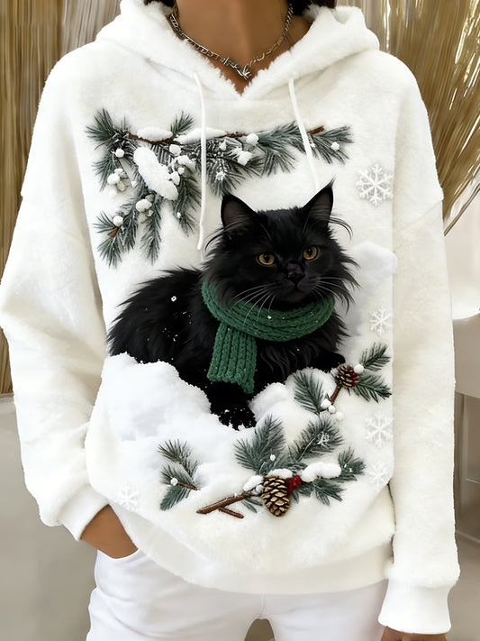 Arte Animal retro feminino imprime moletom com capuz de flanela confortável