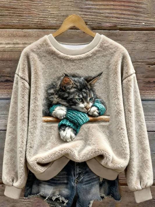 Gato engraçado arte impressão Casual flanela Hoodie feminino
