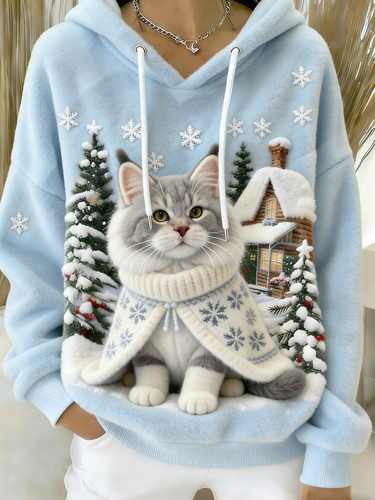 Arte Animal retro feminino imprime moletom com capuz de flanela confortável