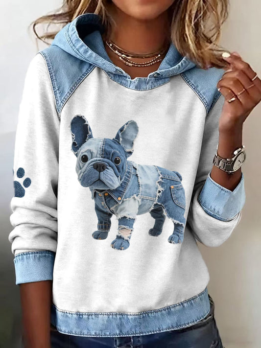 Bulldog francês padrão feminino Denim Patchwork arte Hoodie