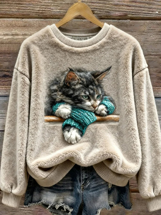 Arte animal retro impressão confortável top de flanela feminino