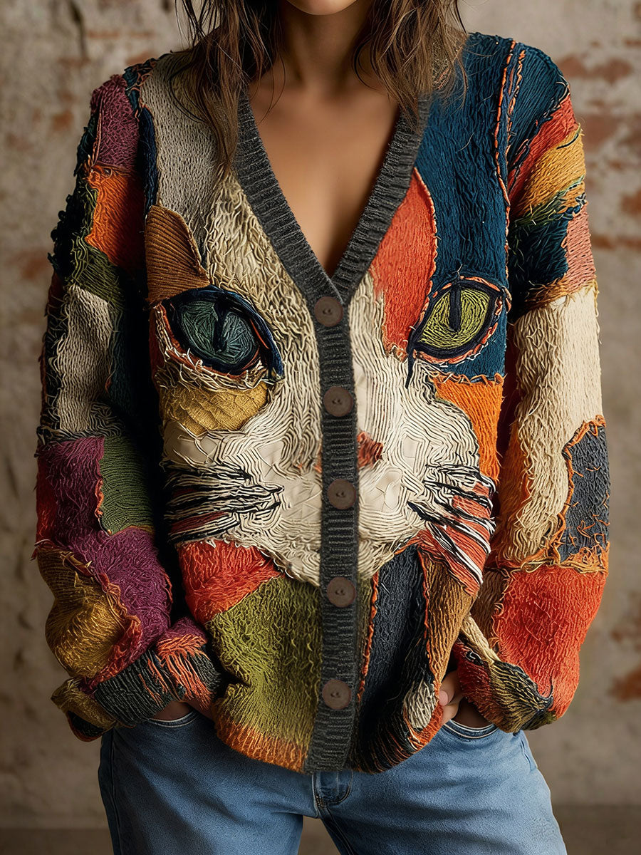 Cardigans de impressão artística geométrica gato feminino