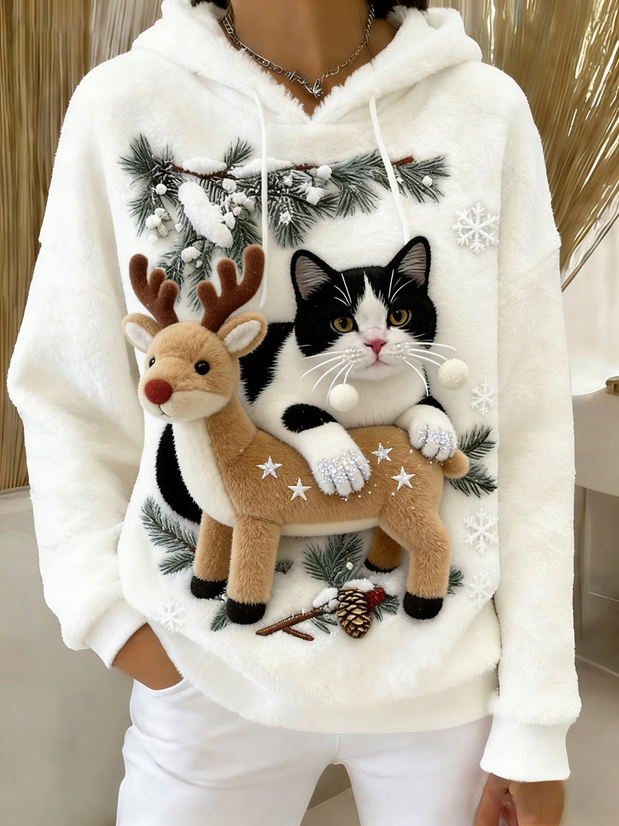 Arte Animal retro feminino imprime moletom com capuz de flanela confortável