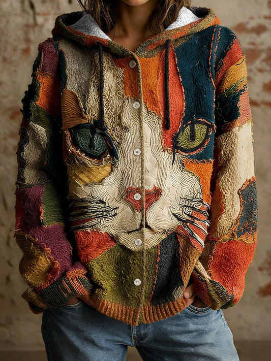 Cardigans de impressão artística geométrica gato feminino