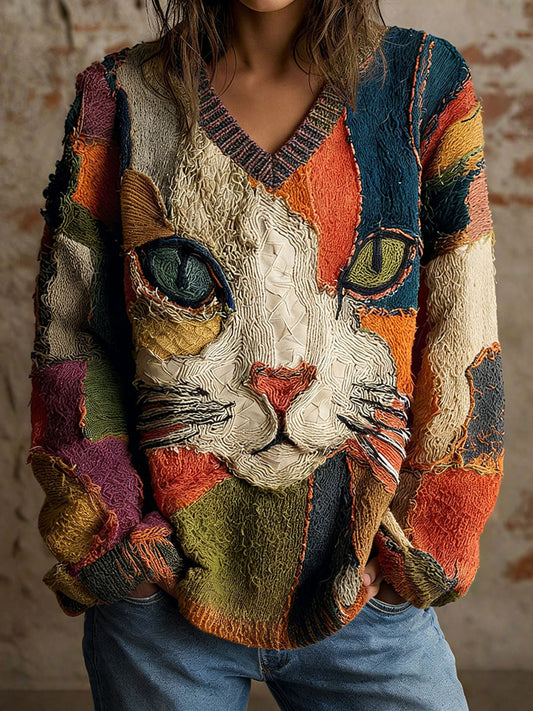 Gato geométrico arte impressão v-Neck Tops do mulheres