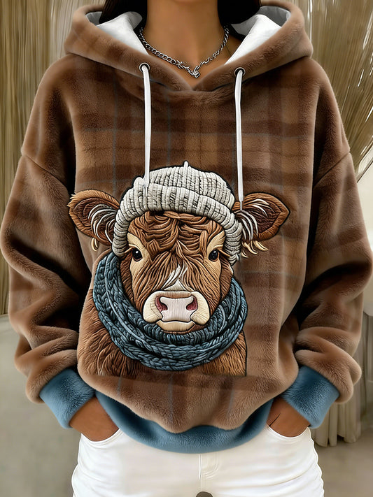 Inverno bonito Highland vaca flanela Hoodie das mulheres